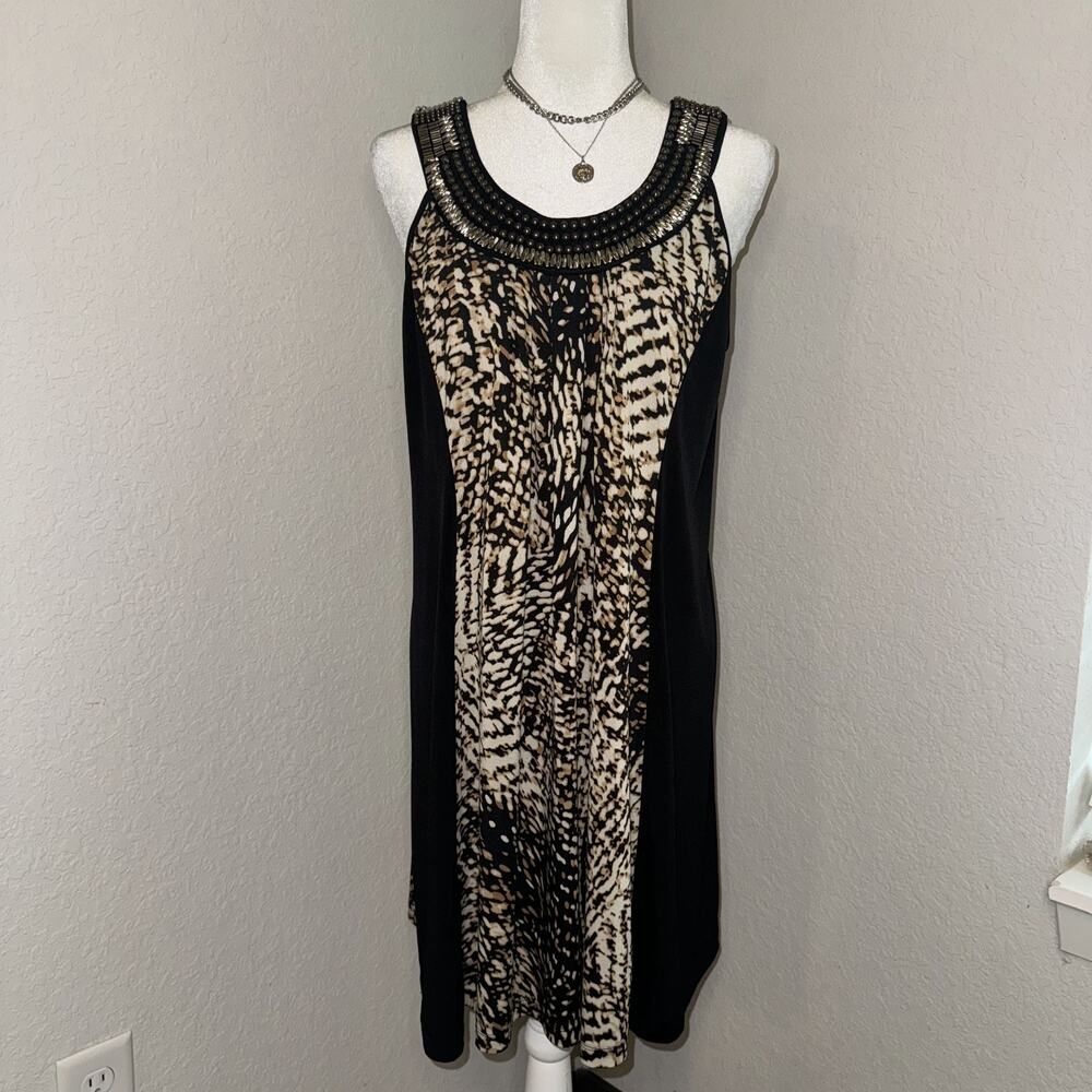 Ny Collection Shift Dress Women's XL Black Beige‎ Leopard Print Beaded Boho Y2K